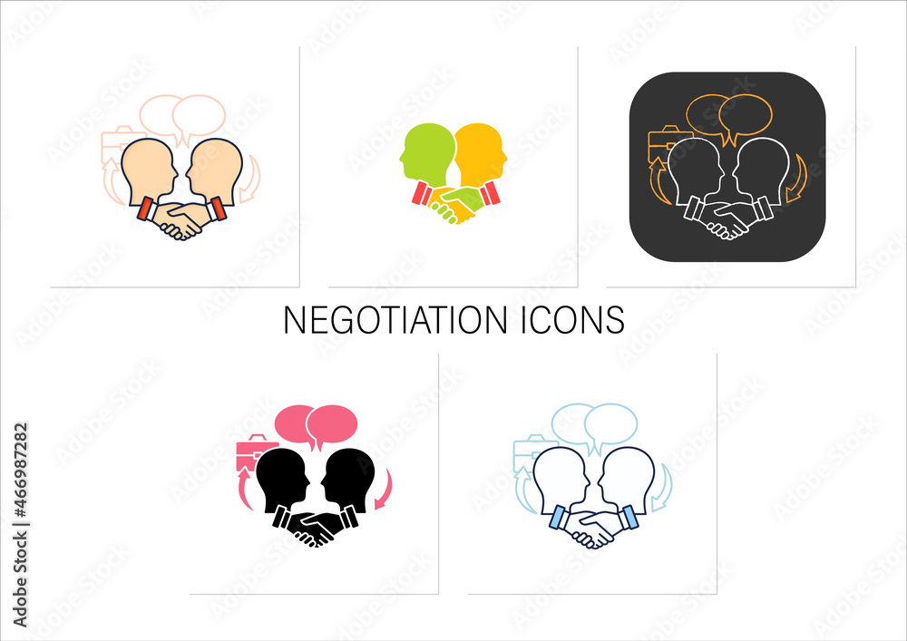 Poster negotiation icons set. dispute resolution.compromising. successfully handles, resolves issues sensib