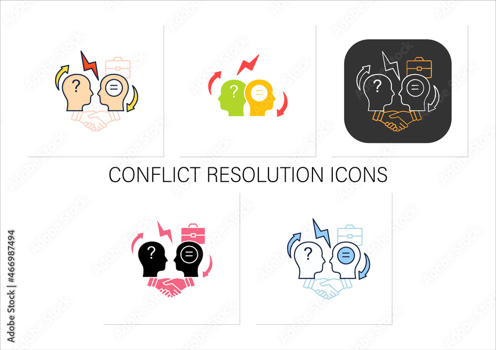 Poster conflict resolution icons set.conflict between two persons.peaceful solution to disagreement.resolve