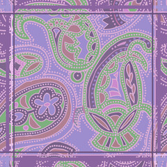 Scarf design with ethnic indian ornament on light purple background.