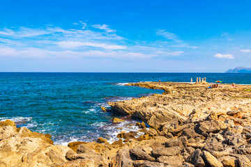 Coast sculptures and beach landscape panorama Can Picafort Mallorca Spain.