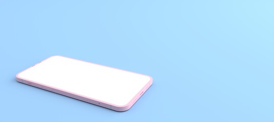 3D rendering of mockups pink Smartphone white screen on blue floor, Pink Mobile phone lay down on the ground. Smartphone white screen can be used for commercial advertising,Isolated on blue background