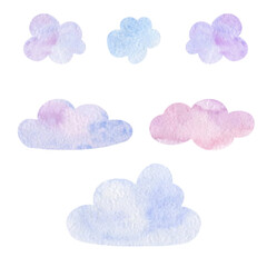 Set of watercolor clouds. Isolated on white background. Pastel colors, cute illustratoin.