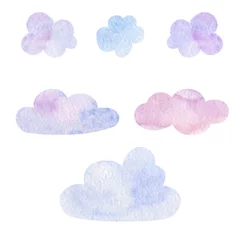 Fotobehang Set of watercolor clouds. Isolated on white background. Pastel colors, cute illustratoin. © Albina