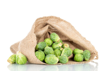 Organic ripe brussels sprouts with jute sack, close-up, isolated on white.