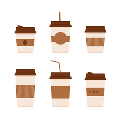This is a collection of paper cups with coffee on a white background.