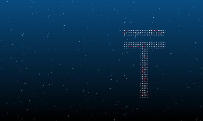 On the right is the tenge symbol filled with white dots. Background pattern from dots and circles of different shades. Vector illustration on blue background with stars