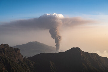 View from the Roque de los Muchachos of the smoke and ash column of the volcano Cumbre Vieja in the Canary Island of La Palma