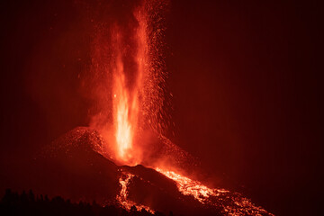 Volcano of Cumbre Vieja in the Canary Island of La Palma erupting lava
