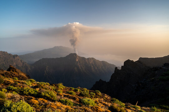 View from the Roque de los Muchachos of the smoke and ash column of the volcano of Cumbre Vieja