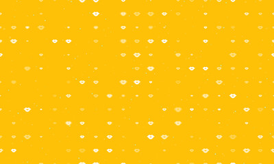 Seamless background pattern of evenly spaced white lips symbols of different sizes and opacity. Vector illustration on amber background with stars