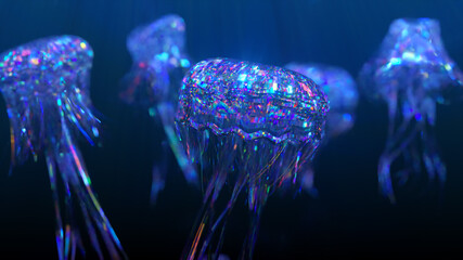 Diamond jellyfish floating upwards. Diamond collection of animals. 3d illustration  © flashmovie