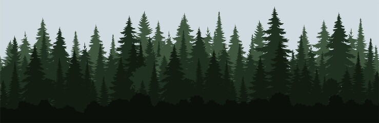 Fototapeta premium Nature silhouette landscape. Spring forest pine trees. Summer vector illustration. Design winter tree illustration. Vector collection for christmas.