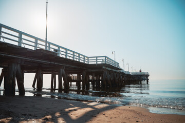 Beautiful wooden pier on the Baltic Sea in Sopot, Poland. Famous Molo the longest wooden pier in Europe.