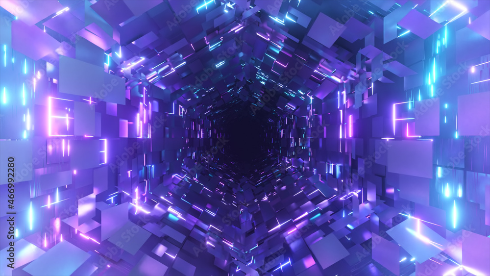 Poster flying inside a neon hexagonal tunnel. background futuristic. chaotic distribution of polygons. 3d i
