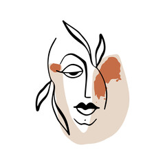 Abstract boho vector floral clipart. Hand drawn abstract shapes and face. Terracotta and natural colors. Minimal modern boho design for covers, flyers, banners, wall art, posters and prints