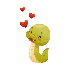 Cute happy green snake in love. Funny wild reptile baby animal cartoon vector illustration