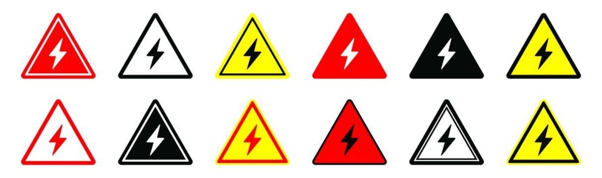 Attention caution danger electricity sign, Exclamation mark sign, Triangular  electricity warning symbols icon set, warning sign, Vector illustration