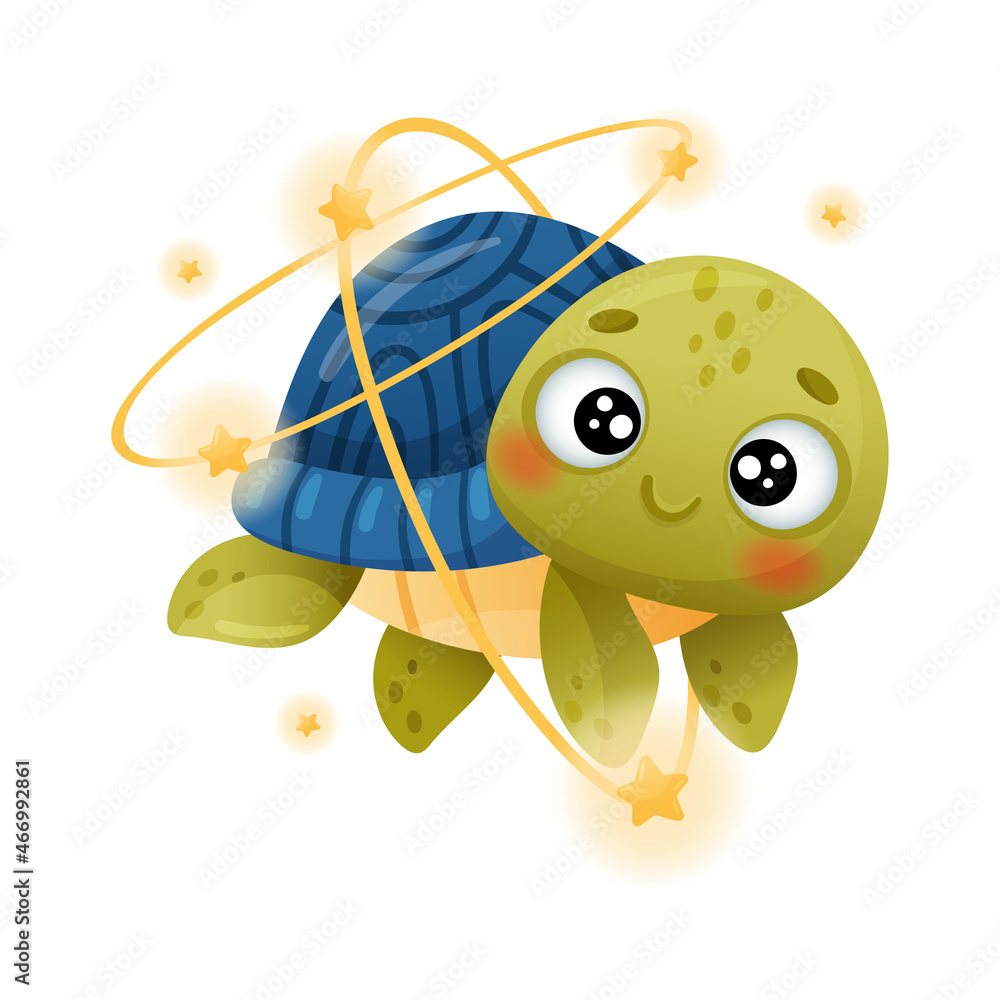 Poster cute turtle astronaut floating in outer space. adorable baby tortoise character flying in outer spac