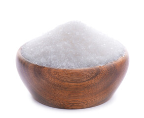 Granulated sugar in wooden bowl, isolated on white background. White sugar.