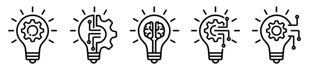 Foto op Plexiglas innovation icon set. Light bulb and cog inside. inspiration icon. Light bulb and brain inside. innovation symbol. vector illustration © Graficriver