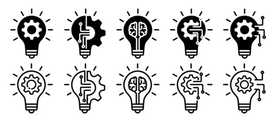 Fototapeta na wymiar innovation icon set. Light bulb and cog inside. inspiration icon. Light bulb and brain inside. innovation symbol. vector illustration
