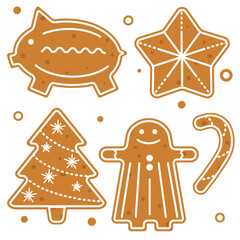 Christmas gingerbread cookies for the winter holidays. Isolated vector image of Xmas tree, man, pig and star, lollipop.