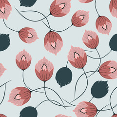 Vector abstract floral seamless pattern. Simple texture with hand drawn pink flowers on a light blue background. Modern painting in doodle style. Repeating design for wallpaper textiles and prints