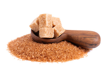 Brown sugar in wooden spoon, isolated on white background. Heap of cane sugar crystals and sugar...