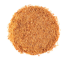 Coconut sugar isolated on white background. Brown unrefined coconut palm sugar. Top view.