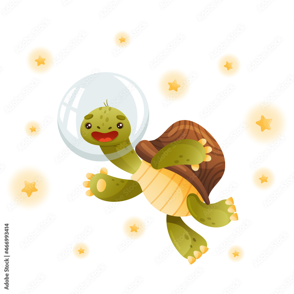 Poster cute happy turtle astronaut in helmet. funny tortoise character floating in outer space vector illus