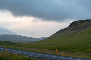 Cloudy landscape of RIng Road and mountains near Vik South Iceland