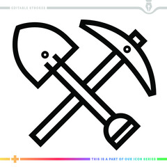 Editable line icon of metals and mining as a customizable black stroke vector graphic.