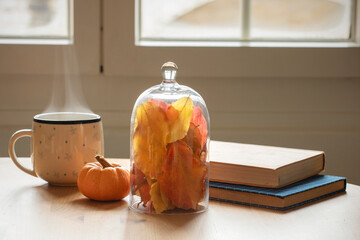 Table with books, cup of coffee or tea with autumn deco arrangement, colourful leaves and mini pumpkin. Reading books at home, cosy, lazy atmosphere. Leisure activities, relaxing at home during autumn