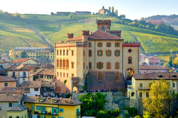 Aerial view of the village of Barolo, in the hilly region of Langhe (Piedmont, Northern Italy), fall season  UNESCO Site since 2014. © stefanopez