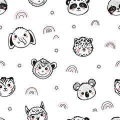 Cute Animal Faces Vector Seamless pattern. Rainbow and Wild Animals: Tiger, Elephant, Sloth, Panda, Monkey, Alpaca, Koala and Leopard. Baby Background