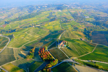 Aerial view of the vineyards of the hilly region of Langhe (Piedmont, Northern Italy), fall season; UNESCO Site since 2014.