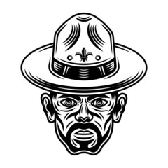 Boyscout men in hat with bristle vector character illustration in monochrome vintage style isolated on white background