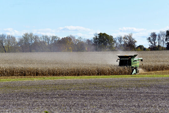 CAPRON, ILLINOIS - October 31, 2021: John Deere combine harvesting corn