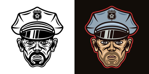 Obraz premium Policeman with bristle in hat vector illustration in two styles black on white and colorful on dark background