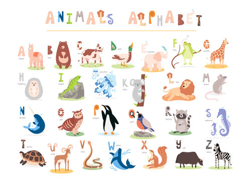 Children's English alphabet. Alphabet poster with animals for preschoolers. Vector flat illustration