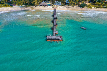Fototapeta na wymiar Koh Mak tropical island and its long wooden pier on the sea, near koh Chang, Trat, Thailand