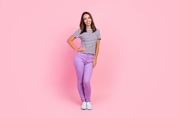 Fototapeta na wymiar Photo of charming sweet young lady wear striped outfit smiling standing arm waist isolated pink color background