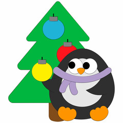 Cute cartoon Penguin and christmas tree. Draw illustration in color