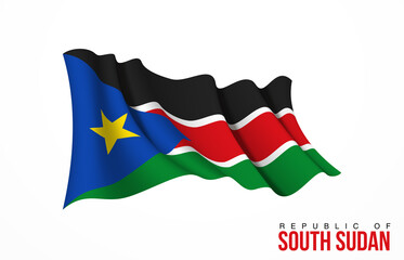 South Sudan flag state symbol isolated on background national banner. Greeting card National Independence Day of the Republic of South Sudan. Illustration banner with realistic state flag.