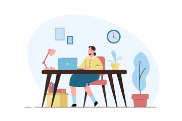Woman working at home office. Freelance, self employed or studying concept. Modern flat vector illustration