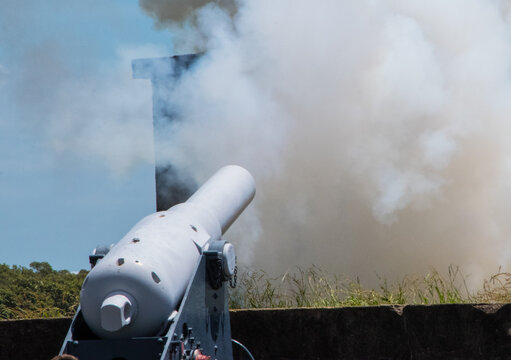 View Of A Cannon Shooting Smoke