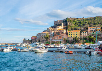 Monte Argentario (Italy) - A view of the Argentario mount on Tirreno sea, with little towns; in the Grosseto province, Tuscany region. Here in particular Porto Ercole village. - obrazy, fototapety, plakaty