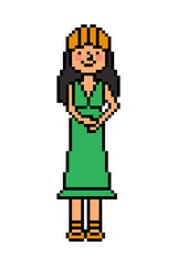 Woman in a long green dress and yellow kerchief, 8 bit pixel art character isolated on white background. Hippie girl. Old school vintage retro 80s, 90s 2d computer, video game, slot machine graphics.