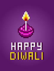 Pixel art Happy Diwali banner design. Diya lamp on purple background with text, 8 bit print. Indian festival of lights card. Old school retro 80s, 90s 2d computer, video game, slot machine graphics.