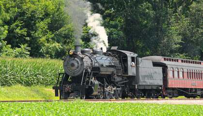 Fototapeta na wymiar View of an Antique Restored Steam Passenger Train Blowing Smoke and Steam on a Sunny Summer Day